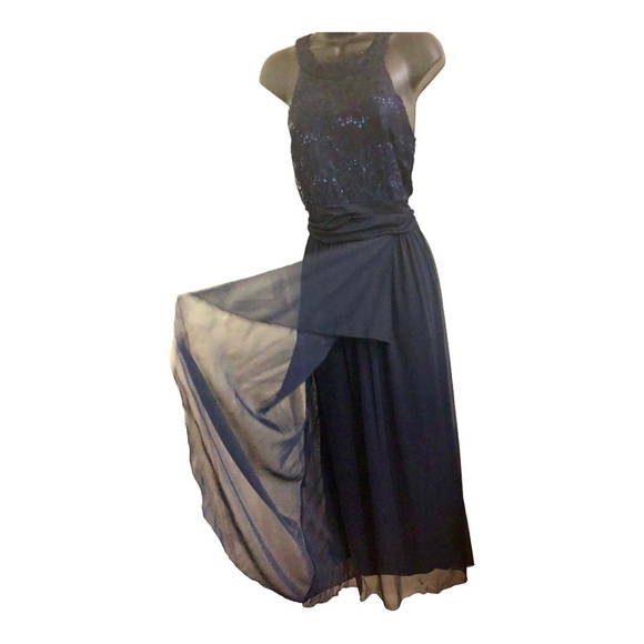 Dark blue sequin halter sheer chiffon faux wrap maxi evening dress gown size 10 - Picture 2 of 15